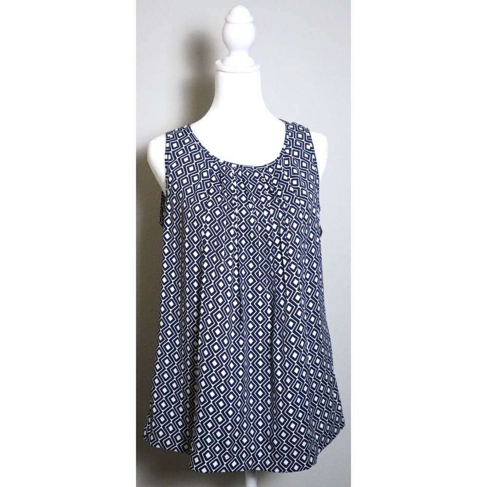 LOFT Women's XS Navy White Geometric Print Sleeveless Pleated Blouse Top